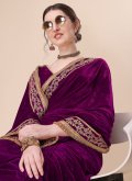 Velvet Designer Traditional Saree in Purple Enhanced with Embroidered - 2