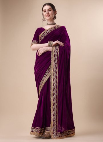 Velvet Designer Traditional Saree in Purple Enhanc