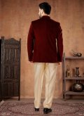 Velvet Jodhpuri Suit in Maroon Enhanced with Buttons - 1