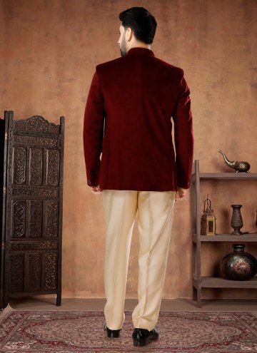 Velvet Jodhpuri Suit in Maroon Enhanced with Buttons