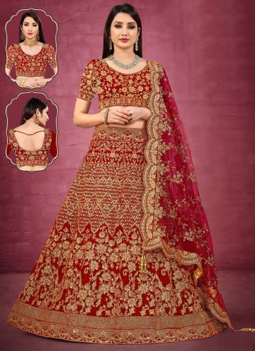 Velvet Lehenga Choli in Red Enhanced with Embroidered