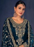 Velvet Palazzo Suit in Teal Enhanced with Embroidered - 1