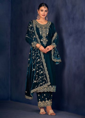 Velvet Palazzo Suit in Teal Enhanced with Embroidered