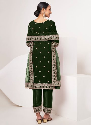 Velvet Pant Style Suit in Green Enhanced with Embroidered