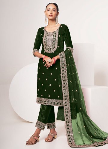 Velvet Pant Style Suit in Green Enhanced with Embr