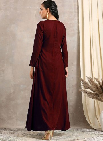 Velvet Party Wear Kurti in Maroon Enhanced with Embroidered