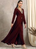 Velvet Party Wear Kurti in Maroon Enhanced with Embroidered - 2