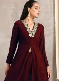 Velvet Party Wear Kurti in Maroon Enhanced with Embroidered - 3