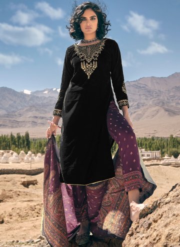 Velvet Salwar Suit in Black Enhanced with Embroidered