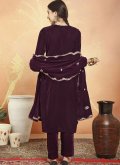 Velvet Salwar Suit in Wine Enhanced with Embroidered - 1