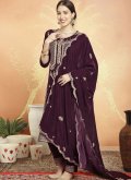 Velvet Salwar Suit in Wine Enhanced with Embroidered - 2