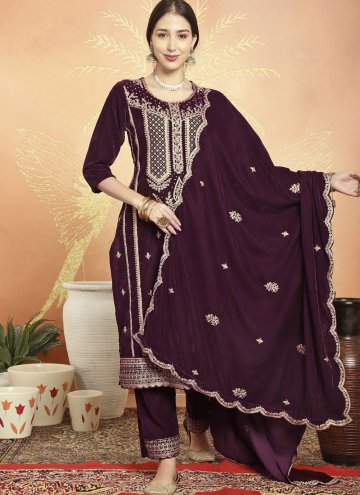 Velvet Salwar Suit in Wine Enhanced with Embroidered