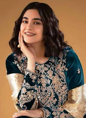 Velvet Trendy Salwar Kameez in Teal Enhanced with Embroidered
