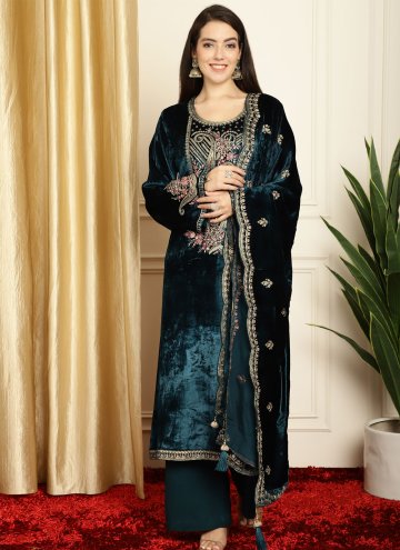 Velvet Trendy Salwar Suit in Navy Blue Enhanced with Embroidered