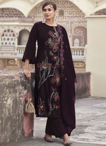 Velvet Trendy Salwar Suit in Wine Enhanced with Em
