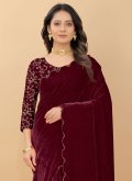 Velvet Trendy Saree in Wine Enhanced with Embroidered - 1