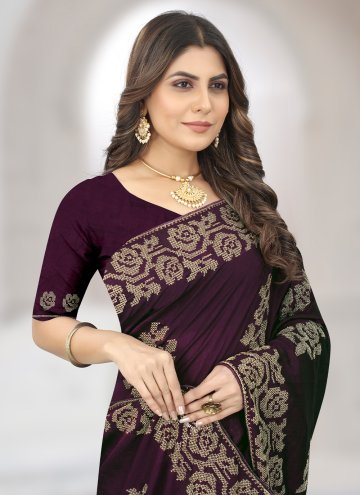 Vichitra Silk Contemporary Saree in Wine Enhanced with Embroidered
