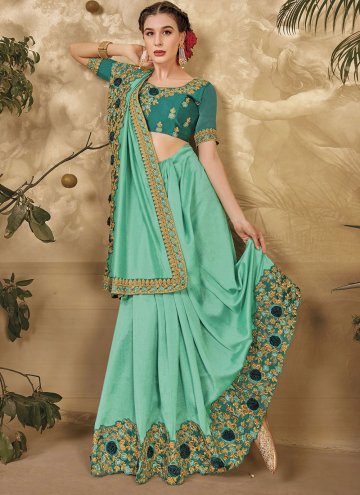Vichitra Silk Trendy Saree in Sea Green Enhanced with Embroidered