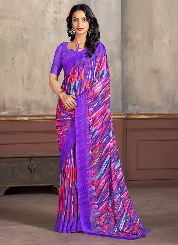 Violet color Chiffon Trendy Saree with Printed