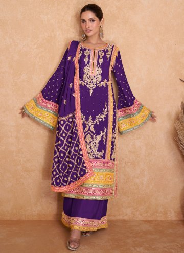 Violet color Chinon Pakistani Suit with Embroidered