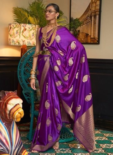 Violet color Woven Satin Contemporary Saree