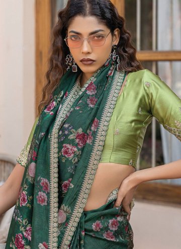 Viscose Contemporary Saree in Green Enhanced with Floral Print