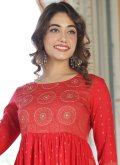 Viscose Designer Kurti in Red Enhanced with Embroidered - 1