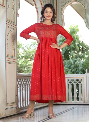 Viscose Designer Kurti in Red Enhanced with Embroidered