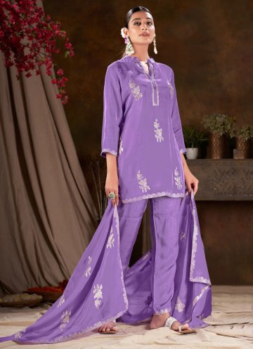 Viscose Pant Style Suit in Lavender Enhanced with Embroidered