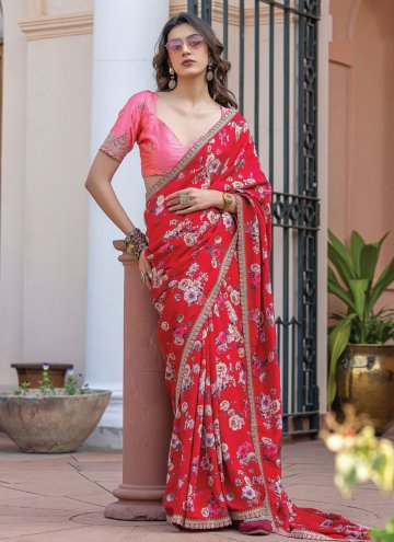 Viscose Trendy Saree in Red Enhanced with Floral P