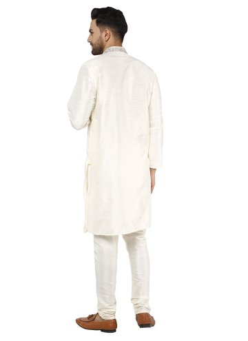White Art Dupion Silk Embroidered Kurta Pyjama for Ceremonial