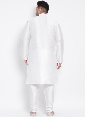 White Art Dupion Silk Plain Work Kurta Pyjama