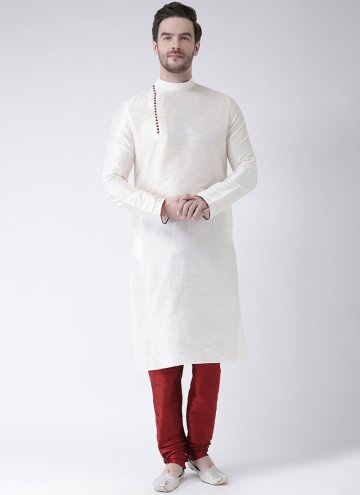 White Art Dupion Silk Plain Work Kurta Pyjama for 