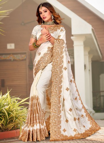 White color Embroidered Satin Contemporary Saree