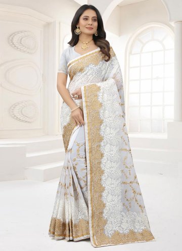 White color Georgette Designer Saree with Embroidered