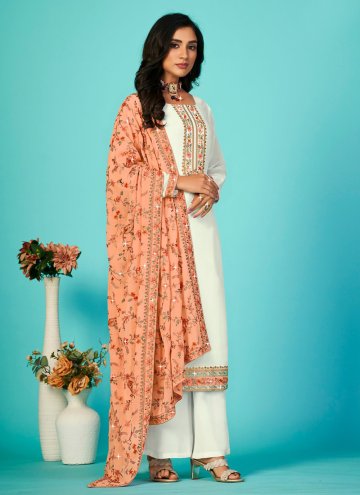 White color Georgette Palazzo Suit with Embroidere