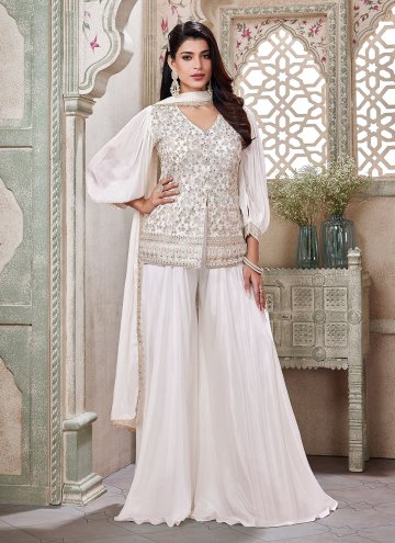 White color Georgette Palazzo Suit with Embroidere