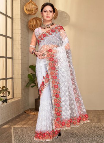 White color Net Contemporary Saree with Embroidere