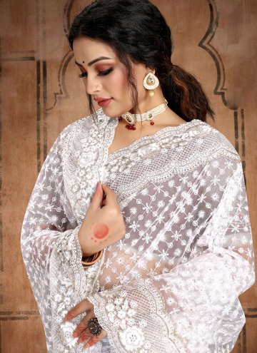 White color Net Designer Saree with Diamond Work