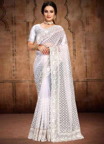 White color Net Designer Saree with Diamond Work