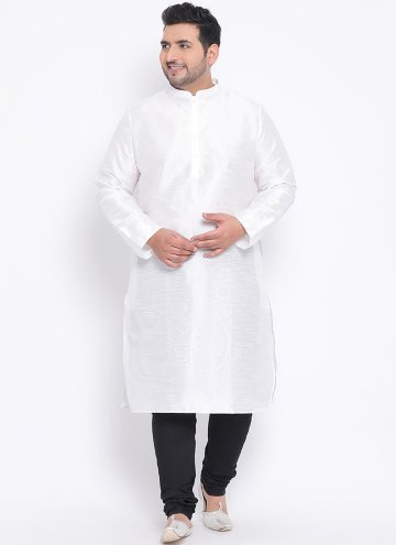White color Plain Work Art Dupion Silk Kurta Pyjam