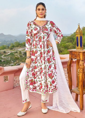 White color Rayon Pant Style Suit with Embroidered