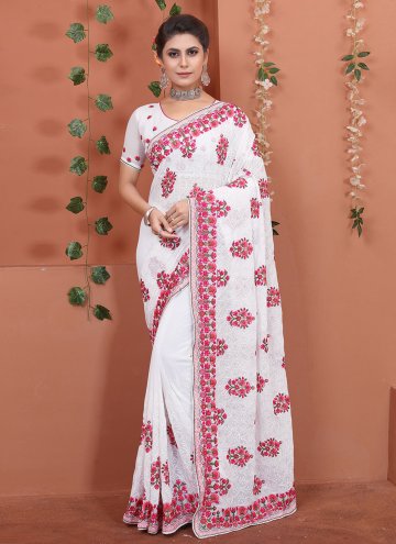 White Contemporary Saree in Georgette with Embroidered