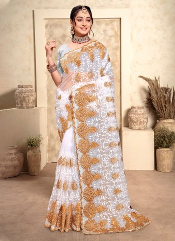 White Contemporary Saree in Net with Embroidered
