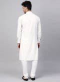 White Cotton  Plain Work Kurta Pyjama - 1