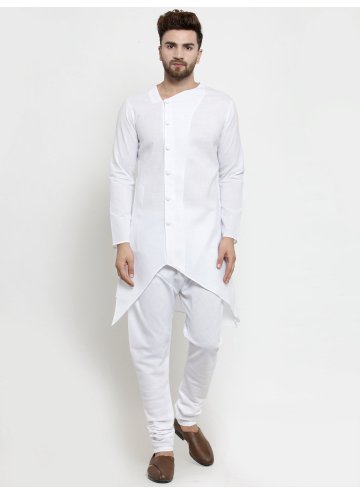 White Cotton  Plain Work Kurta Pyjama for Ceremoni