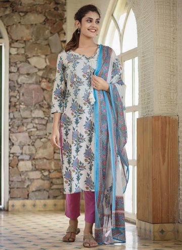 White Cotton  Printed Pant Style Suit for Ceremonial