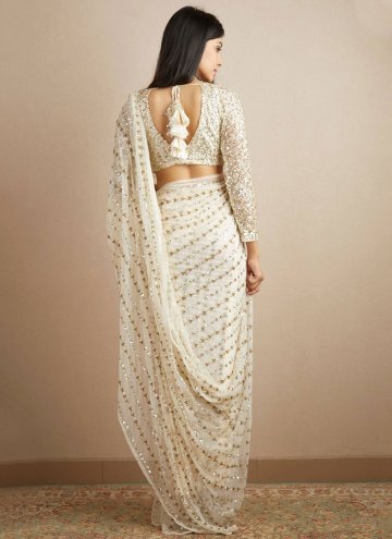 White Faux Georgette Embroidered Trendy Saree
