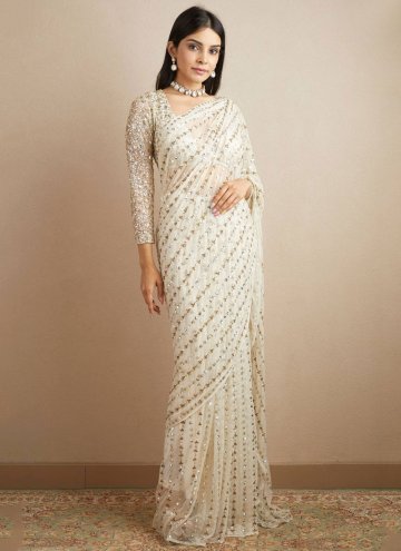 White Faux Georgette Embroidered Trendy Saree
