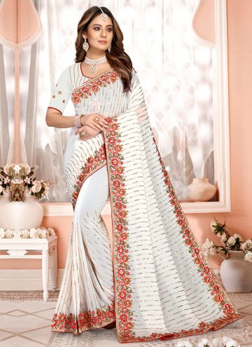 White Georgette Embroidered Contemporary Saree for